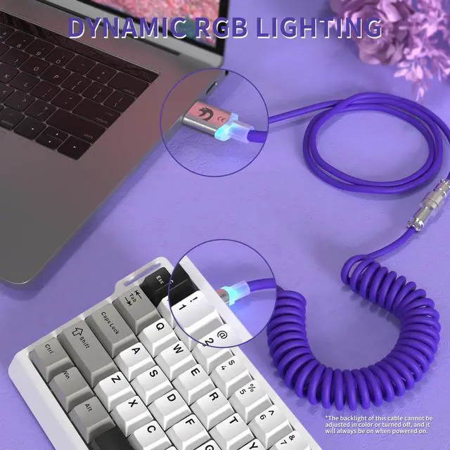Alt view image 2 of 7 - C01Ultra RGB Coiled Keyboard Cable,Pro Custom USB-C Aviator Cable for Gaming Keyboards,Stable Dual-Sleeved Design,2m Type-C to USB-A Hyper-Speed,Detachable Metal Aviator for PC Gamer,Purple