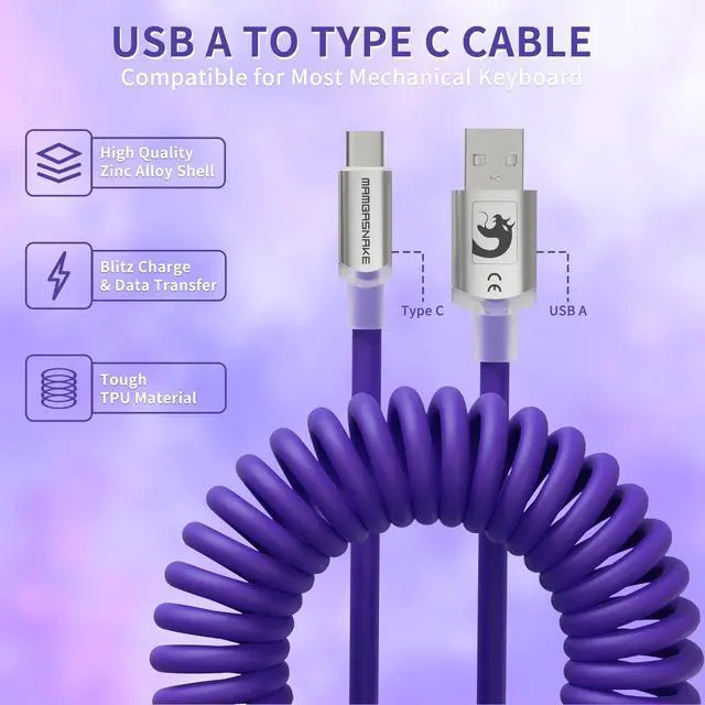 Alt view image 5 of 7 - C01Ultra RGB Coiled Keyboard Cable,Pro Custom USB-C Aviator Cable for Gaming Keyboards,Stable Dual-Sleeved Design,2m Type-C to USB-A Hyper-Speed,Detachable Metal Aviator for PC Gamer,Purple