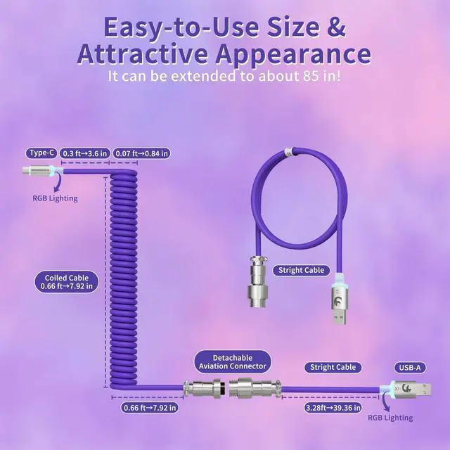 Alt view image 7 of 7 - C01Ultra RGB Coiled Keyboard Cable,Pro Custom USB-C Aviator Cable for Gaming Keyboards,Stable Dual-Sleeved Design,2m Type-C to USB-A Hyper-Speed,Detachable Metal Aviator for PC Gamer,Purple