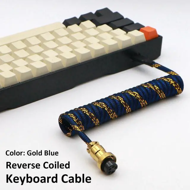 Alt view image 2 of 7 - Reverse Coiled Type-C Cable for Gaming Keyboard, Double-Sleeved Mechanical Keyboard Cable with Gold Metal GX16 Aviator, 1.5M USB-C to USB-A (Gold Blue)