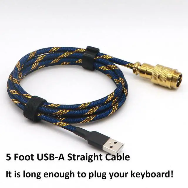 Alt view image 4 of 7 - Reverse Coiled Type-C Cable for Gaming Keyboard, Double-Sleeved Mechanical Keyboard Cable with Gold Metal GX16 Aviator, 1.5M USB-C to USB-A (Gold Blue)