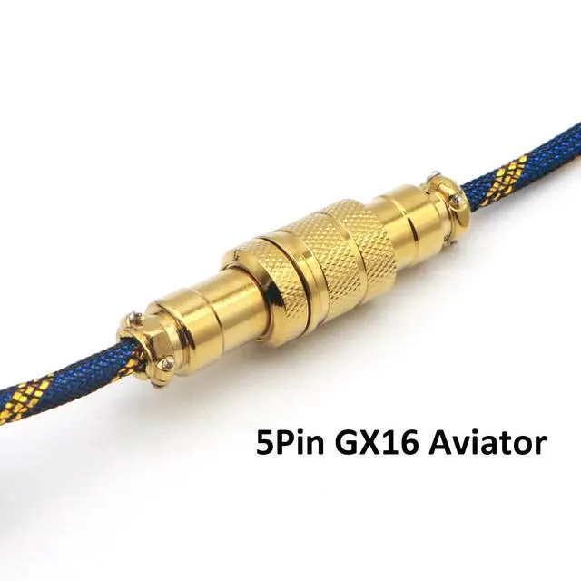 Alt view image 5 of 7 - Reverse Coiled Type-C Cable for Gaming Keyboard, Double-Sleeved Mechanical Keyboard Cable with Gold Metal GX16 Aviator, 1.5M USB-C to USB-A (Gold Blue)