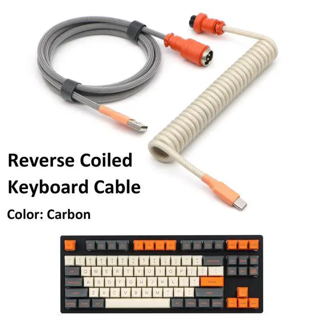 Alt view image 2 of 7 - Reverse Coiled USB-C Keyboard Cable, Double-Sleeved Mechanical Keyboard Cable with Detachable Metal Aviator, 5FT USB-C to USB-A (Carbon)