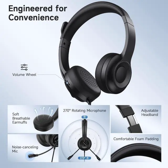Alt view image 7 of 7 - USB Headset with Microphone for PC, On-Ear Wired Headphones with Mic