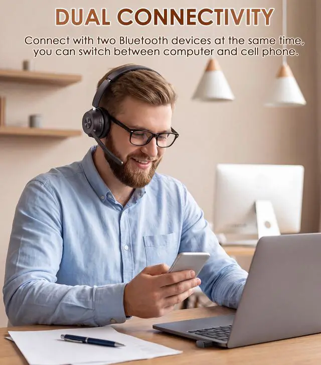 Alt view image 3 of 6 - Wireless Headset with Mic for Work, Bluetooth Headset with Noise Cancelling