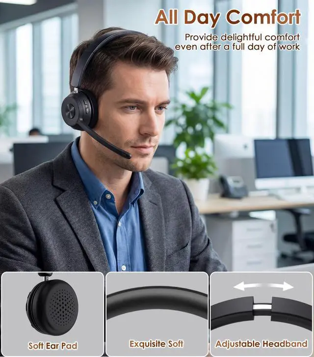 Alt view image 6 of 6 - Wireless Headset with Mic for Work, Bluetooth Headset with Noise Cancelling