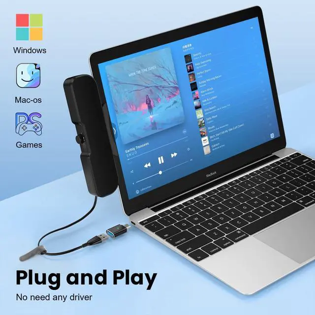 Alt view image 4 of 6 - Computer Speakers for Desktop PC, Easy Volume Knob, Sturdy Clamp, Clear Loud Sound, Laptop Speakers with Compact Design, USB/USB C Adapter for Power and Audio(Black)