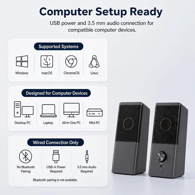 Alt view image 7 of 7 - Computer Speaker, Compact Size Speaker with Headphone Jack, Volume Control, Stereo 2.0 USB Powered 3.5mm Aux Multimedia Speakers for Laptop/Desktop/Tablets/Phone
