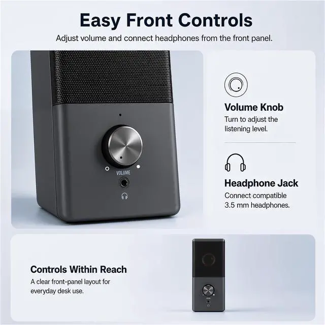 Alt view image 5 of 7 - Computer Speaker, Compact Size Speaker with Headphone Jack, Volume Control, Stereo 2.0 USB Powered 3.5mm Aux Multimedia Speakers for Laptop/Desktop/Tablets/Phone