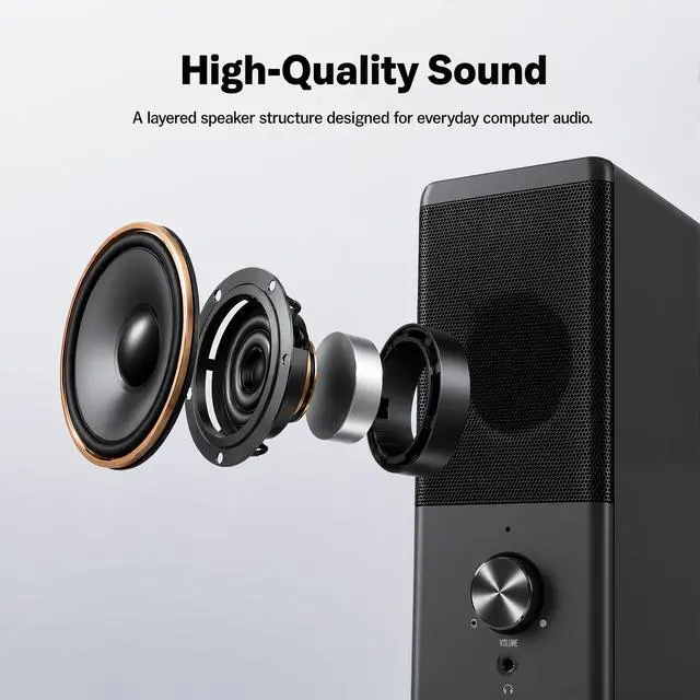 Alt view image 2 of 7 - Computer Speaker, Compact Size Speaker with Headphone Jack, Volume Control, Stereo 2.0 USB Powered 3.5mm Aux Multimedia Speakers for Laptop/Desktop/Tablets/Phone