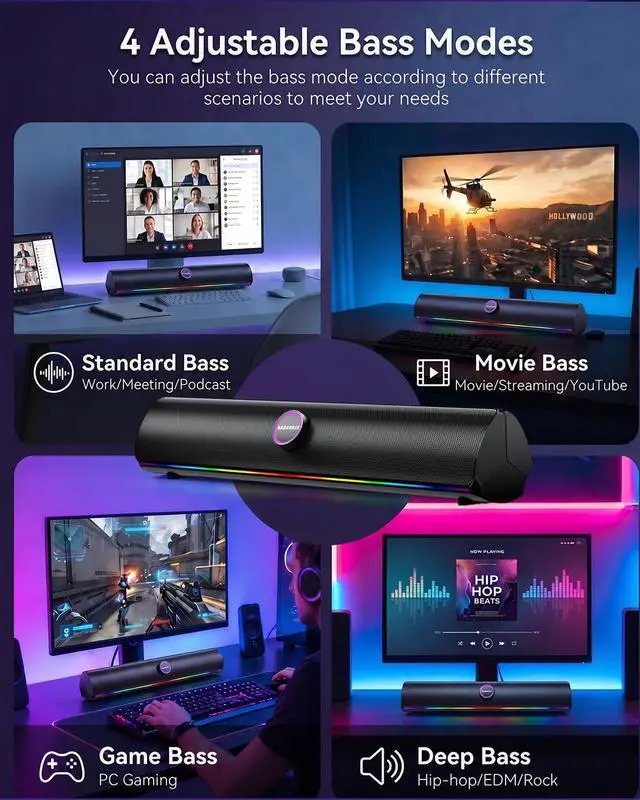 Alt view image 2 of 7 - Computer Speakers for Desktop PC, Bluetooth 5.4 Sound Bar with Bass Boost, RGB Light Modes & Touch Buttons HiFi Stereo USB Speakers for Gaming, Movies, Music, and Home Office