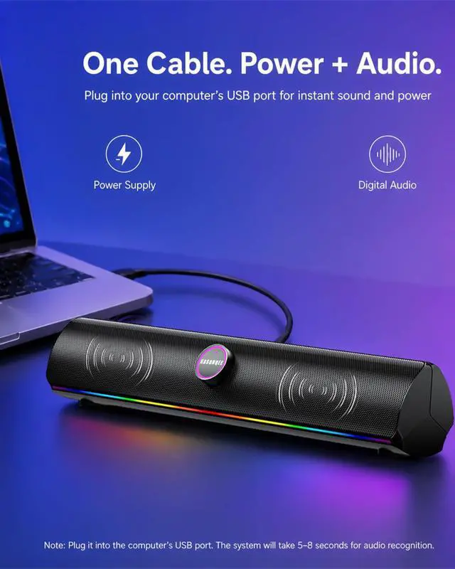 Alt view image 3 of 7 - Computer Speakers for Desktop PC, Bluetooth 5.4 Sound Bar with Bass Boost, RGB Light Modes & Touch Buttons HiFi Stereo USB Speakers for Gaming, Movies, Music, and Home Office