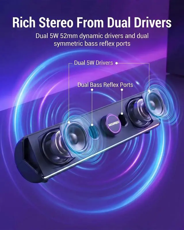 Alt view image 4 of 7 - Computer Speakers for Desktop PC, Bluetooth 5.4 Sound Bar with Bass Boost, RGB Light Modes & Touch Buttons HiFi Stereo USB Speakers for Gaming, Movies, Music, and Home Office