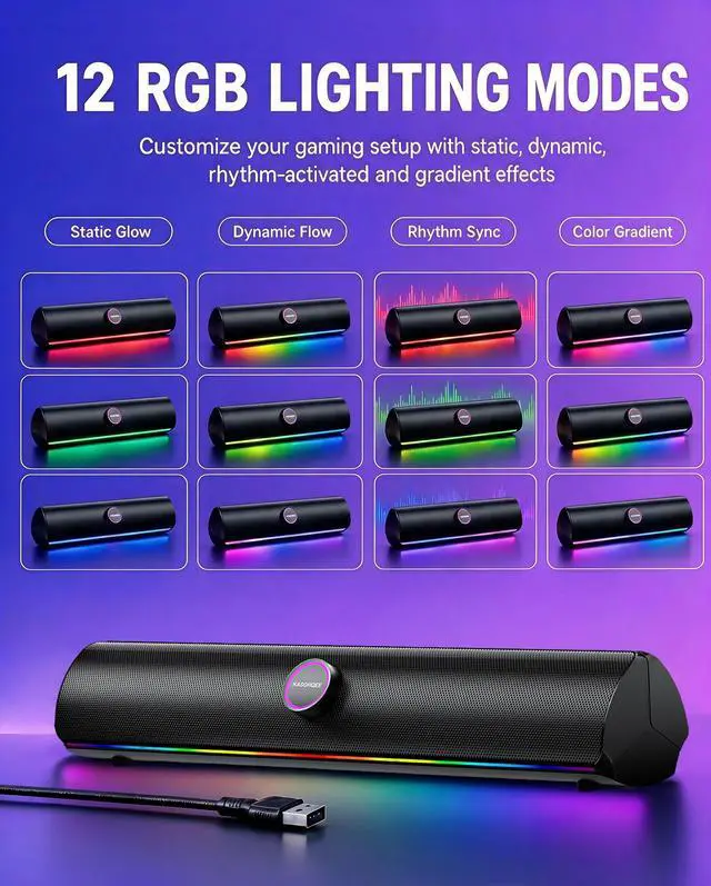 Alt view image 5 of 7 - Computer Speakers for Desktop PC, Bluetooth 5.4 Sound Bar with Bass Boost, RGB Light Modes & Touch Buttons HiFi Stereo USB Speakers for Gaming, Movies, Music, and Home Office
