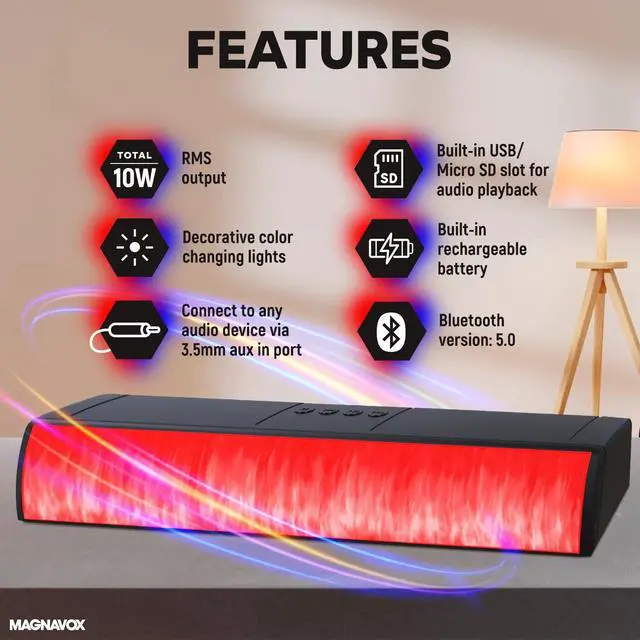 Alt view image 7 of 7 - MMA4020 Portable Speaker Soundbar with Bluetooth 5.0, Patented Vibrant LED Light Display, True 16 Watts RMS Sound, USB, TFT Playback, Great for Gaming, Stereo (Medium)