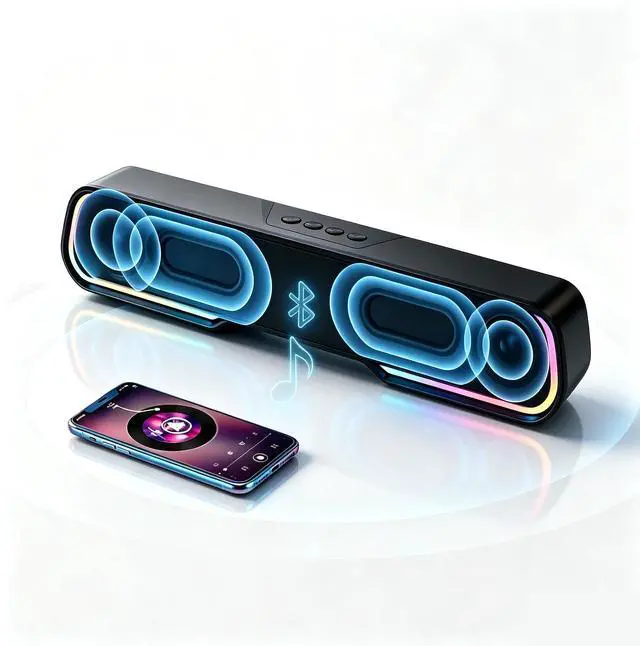 Main image of Bluetooth Computer Soundbar Speakers, Rechargeable Gaming Sound Bar with RGB, Support FM Radio/TF Card/AUX/USB Playback, Speakers for Desktop, Laptop, TV, Phone, HD Stereo Loud Sound, Punchy Bass