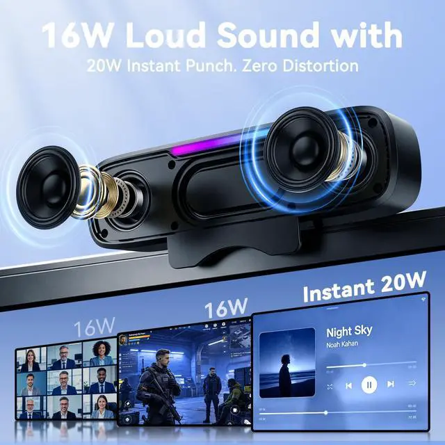 Alt view image 2 of 7 - Computer Speakers for Desktop PC Monitor, USB Plug-in Laptop Speaker Bar with G-Sensor, BT 6.0, Loud Sound with Deep Bass, RGB Light, Easy Clip-on Design, Volume Knob, USB-C Adapter (Black)