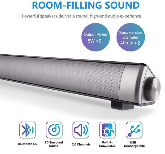 Alt view image 2 of 7 - Sound Bar, Bluetooth 5.0 Wired/Wireless Speaker, Built-in Mic