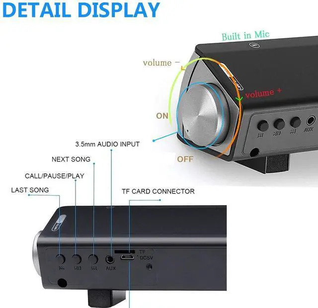 Alt view image 4 of 7 - Sound Bar, Bluetooth 5.0 Wired/Wireless Speaker, Built-in Mic