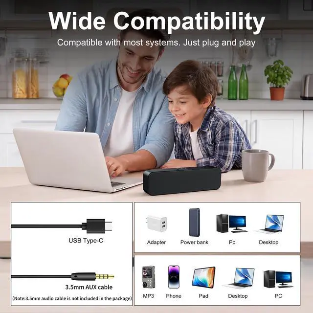 Alt view image 5 of 7 - Computer Speakers for Desktop PC,USB Powered & Plug and Play,with Bluetooth 5.3/3.5mm AUX Input,Small Bluetooth Speakers with Stereo Sound Fit Under the Monitor for Office Work, Gaming, Music