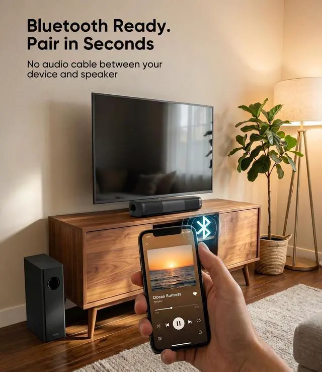Alt view image 5 of 7 - 11.7" Sound Bar with Subwoofer, Deep Bass, Bluetooth/AUX/Optical