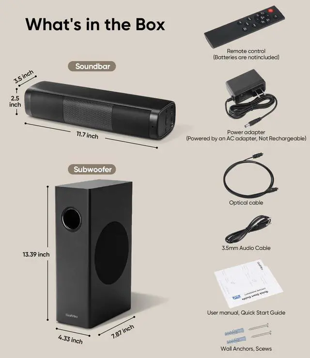 Alt view image 7 of 7 - 11.7" Sound Bar with Subwoofer, Deep Bass, Bluetooth/AUX/Optical