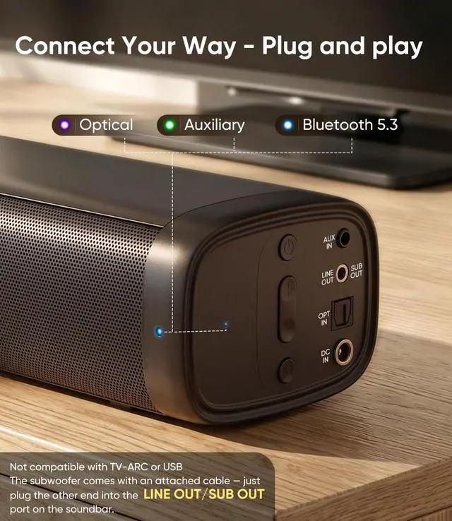 Alt view image 4 of 7 - 11.7" Sound Bar with Subwoofer, Deep Bass, Bluetooth/AUX/Optical