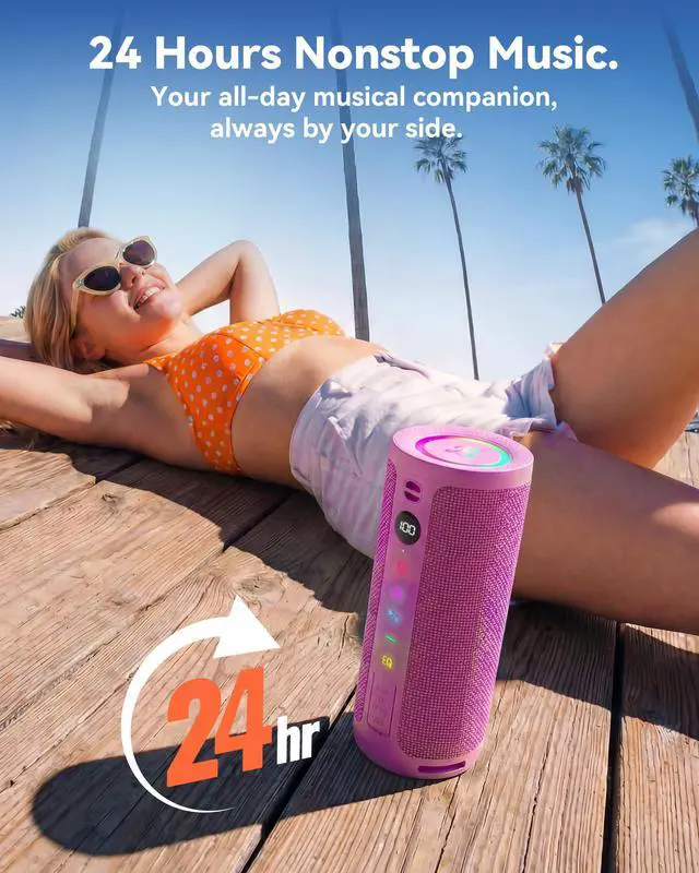 Alt view image 6 of 7 - Roar 3 Portable Bluetooth Speaker,20W Powerful Sound with JIKE Bass,IPX6 Waterproof,24H Playtime,Bluetooth 5.4,RGB Lights,Wireless TWS Pairing,Outdoor for Camping and Beach (Pink)