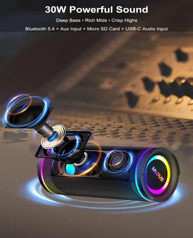 Alt view image 2 of 7 - E80 Speakers Bluetooth Wireless, Portable Bluetooth Speaker with Aux Input, Micro SD Card Slot, Bass Up, TWS, RGB Lights, IPX7 Waterproof, BT5.4 for Outdoor, Car Music, Beach, Gifts, 30W, Black