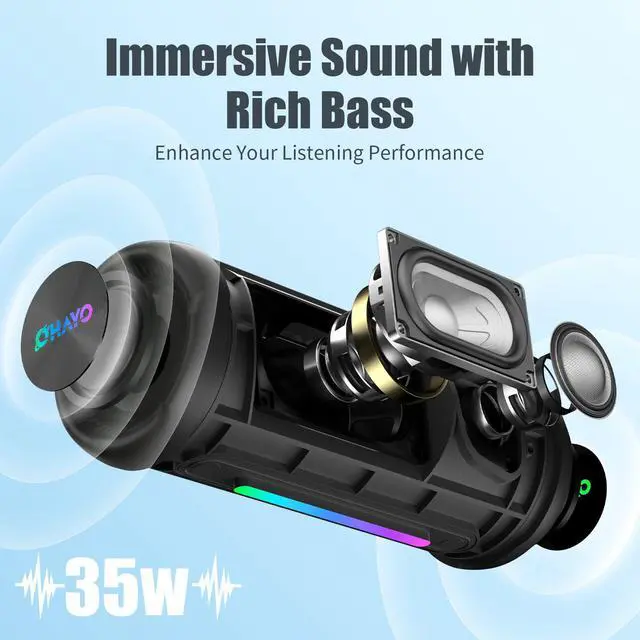 Alt view image 3 of 7 - Bluetooth Speaker Wireless Loud Stereo Sound IPX7 Waterproof Outdoor Portable 35W Super Bass Speaker for Home Party Beach with 24H Playtime Colorful Lights BT 5.3 TWS Pairing Birthday Gift Black