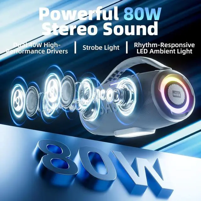 Alt view image 2 of 2 - Speakers Bluetooth Wireless, 80W Max Loud Portable Speaker with Bass, 20H Playtime, IPX6 Waterproof, Dual Pairing, Perfect for Outdoor Camping,Beach