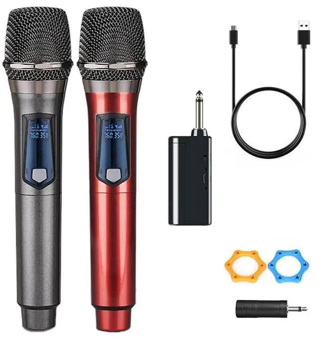 Main image of Wireless Microphones, Dual Handheld Dynamic Wireless Mic for Karaoke, Wedding, DJ, Party, Speech, Church, Class, PA System, 200ft, Gray & Red
