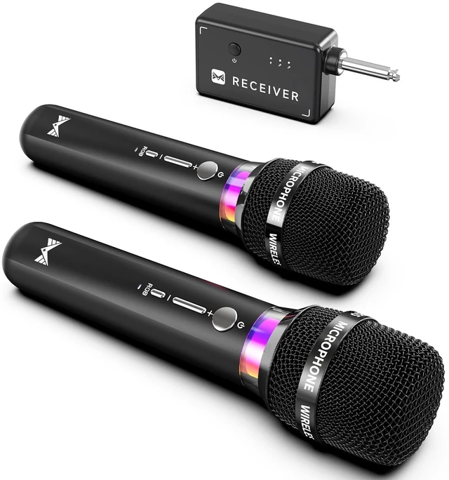Main image of Wireless Microphone, Rechargeable Wireless Microphones with One-to-One Chip Connection and LED Lights, 40H Duration, 200FT Range Receiving, Less Latency Karaoke Microphone for Singing, Speech, Party