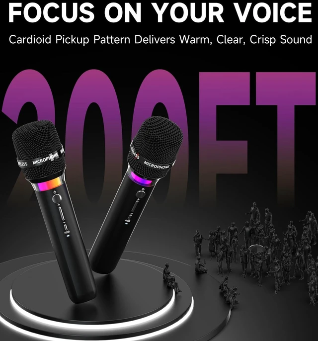 Alt view image 5 of 7 - Wireless Microphone, Rechargeable Wireless Microphones with One-to-One Chip Connection and LED Lights, 40H Duration, 200FT Range Receiving, Less Latency Karaoke Microphone for Singing, Speech, Party
