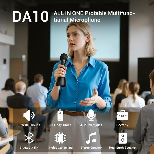 Alt view image 2 of 7 - Bluetooth Microphone & Voice Amplifier, 15W Wireless Handheld Mic with Speaker LED Display, 4 Modes, Noise Canceling, Portable PA System for Teaching Singing Speaking Karaoke Wedding - DA10