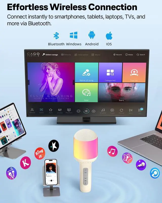 Alt view image 4 of 7 - Wireless Bluetooth Karaoke Microphone with Dynamic Lights, Portable Handheld Mic, 6 Sound Effects, 10H Battery, Perfect for Kids Singing, Home Parties, Duet - Gift Idea, Works with All Smartphones