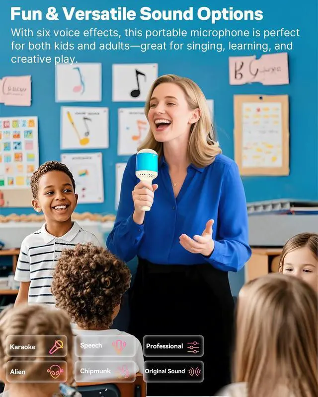 Alt view image 5 of 7 - Wireless Bluetooth Karaoke Microphone with Dynamic Lights, Portable Handheld Mic, 6 Sound Effects, 10H Battery, Perfect for Kids Singing, Home Parties, Duet - Gift Idea, Works with All Smartphones
