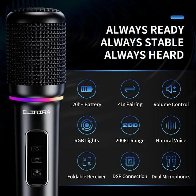 Alt view image 2 of 7 - Wireless Microphone System, Dual Handheld Wireless Microphones for Karaoke Machine & Speaker, 2.4GHz Wireless Mic with RGB Lights, On-Mic Volume Control, Foldable Receiver, 200FT Range