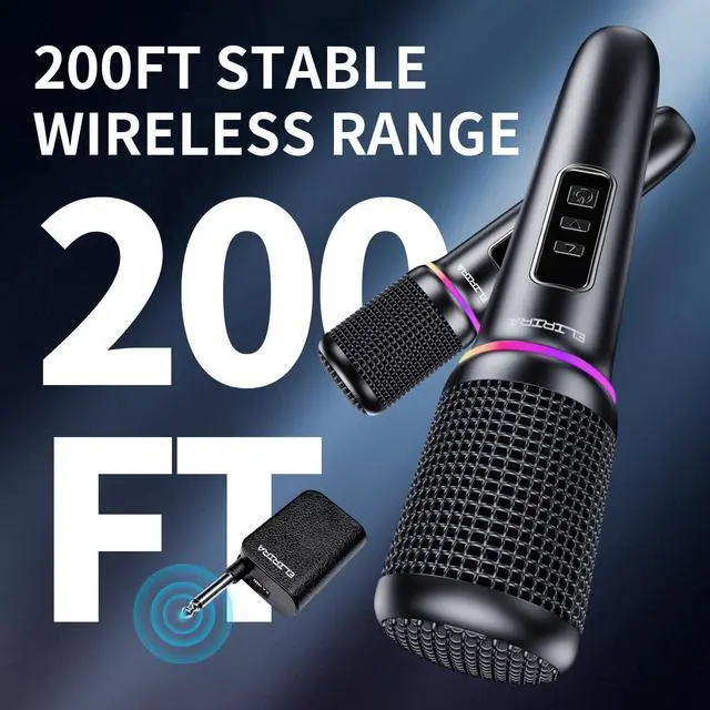 Alt view image 4 of 7 - Wireless Microphone System, Dual Handheld Wireless Microphones for Karaoke Machine & Speaker, 2.4GHz Wireless Mic with RGB Lights, On-Mic Volume Control, Foldable Receiver, 200FT Range