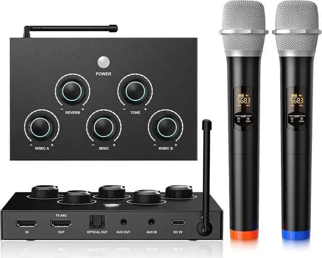 Main image of Wireless Karaoke Microphone System, Microphone Mixer Dual Handheld Wireless Microphones, HDMI & AUX in/Out, Optical Out, 100ft Range, Karaoke Mic for TV, Speakers, Singing, Church & Wedding-Black