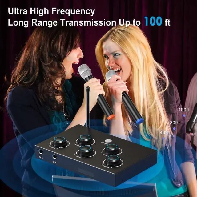 Alt view image 5 of 7 - Wireless Karaoke Microphone System, Microphone Mixer Dual Handheld Wireless Microphones, HDMI & AUX in/Out, Optical Out, 100ft Range, Karaoke Mic for TV, Speakers, Singing, Church & Wedding-Black