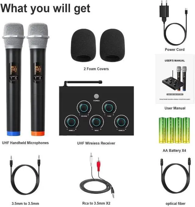 Alt view image 6 of 7 - Wireless Karaoke Microphone System, Microphone Mixer Dual Handheld Wireless Microphones, HDMI & AUX in/Out, Optical Out, 100ft Range, Karaoke Mic for TV, Speakers, Singing, Church & Wedding-Black