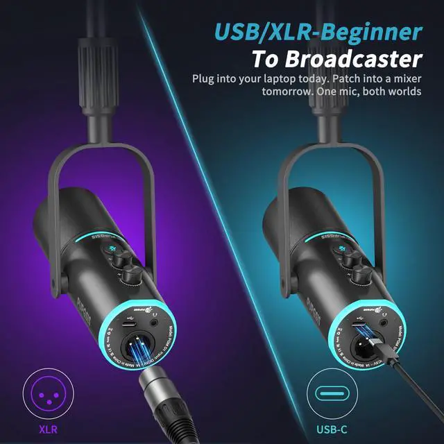 Alt view image 5 of 7 - Podcast Dynamic Microphone, XLR/USB Recording PC Microphones for Broadcast, Podcast, Recording, Gaming & Streaming, Studio Mic with Mute, Headphone Jack, Monitoring Volume Control, Windscreen