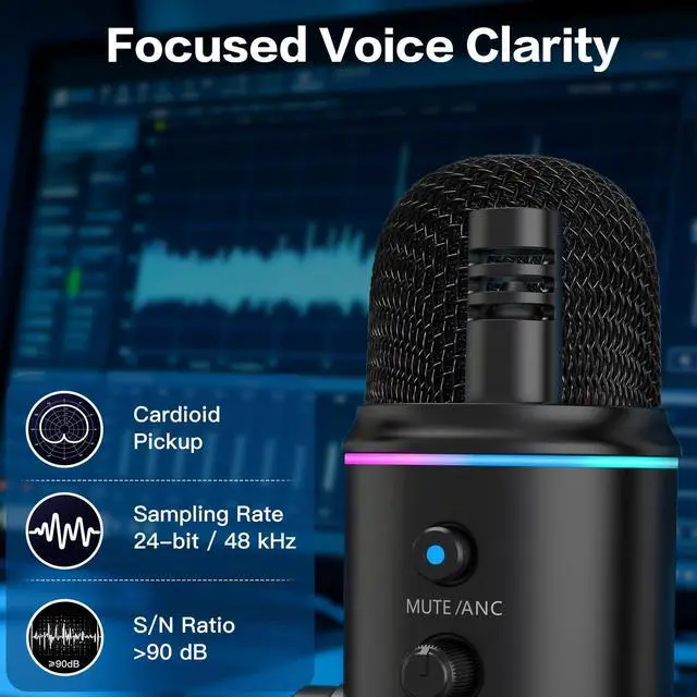 Alt view image 2 of 7 - Podcast Microphone, Noise Cancellation USB Mic with Gain, Volume & Mute Control, Zero-Latency Monitoring, Echo & RGB Lighting, for YouTube TikTok Podcasting Gaming PC iPhone iPad Android Mac