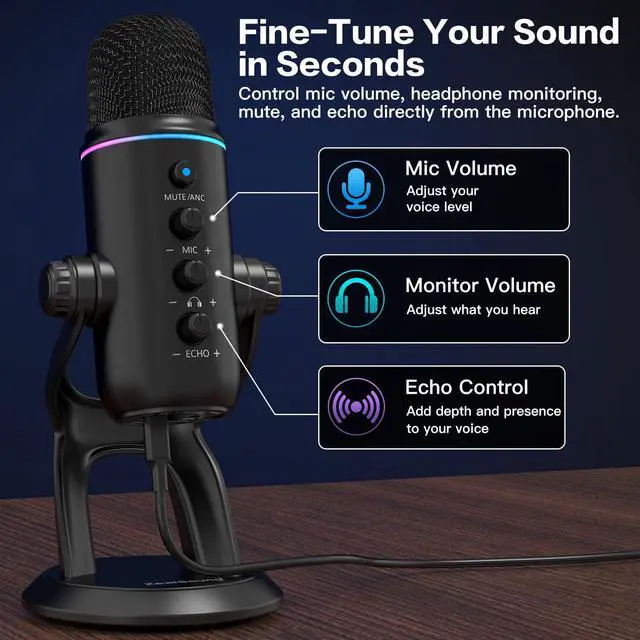 Alt view image 5 of 7 - Podcast Microphone, Noise Cancellation USB Mic with Gain, Volume & Mute Control, Zero-Latency Monitoring, Echo & RGB Lighting, for YouTube TikTok Podcasting Gaming PC iPhone iPad Android Mac