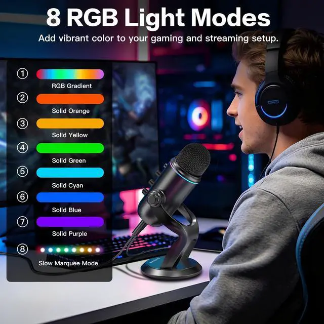 Alt view image 7 of 7 - Podcast Microphone, Noise Cancellation USB Mic with Gain, Volume & Mute Control, Zero-Latency Monitoring, Echo & RGB Lighting, for YouTube TikTok Podcasting Gaming PC iPhone iPad Android Mac