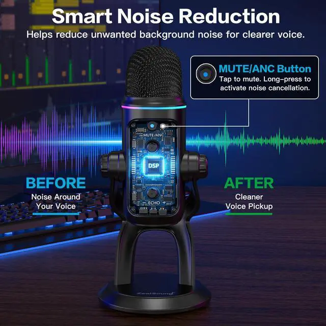 Alt view image 3 of 7 - Podcast Microphone, Noise Cancellation USB Mic with Gain, Volume & Mute Control, Zero-Latency Monitoring, Echo & RGB Lighting, for YouTube TikTok Podcasting Gaming PC iPhone iPad Android Mac