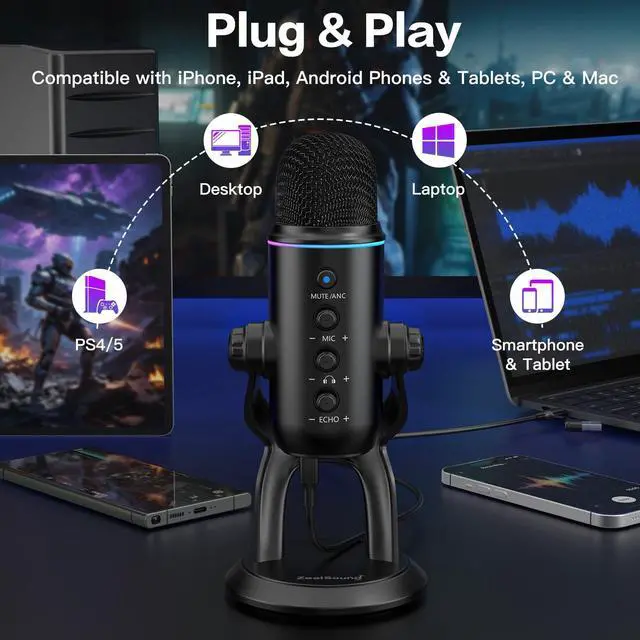 Alt view image 4 of 7 - Podcast Microphone, Noise Cancellation USB Mic with Gain, Volume & Mute Control, Zero-Latency Monitoring, Echo & RGB Lighting, for YouTube TikTok Podcasting Gaming PC iPhone iPad Android Mac