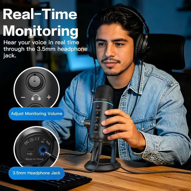 Alt view image 6 of 7 - Podcast Microphone, Noise Cancellation USB Mic with Gain, Volume & Mute Control, Zero-Latency Monitoring, Echo & RGB Lighting, for YouTube TikTok Podcasting Gaming PC iPhone iPad Android Mac
