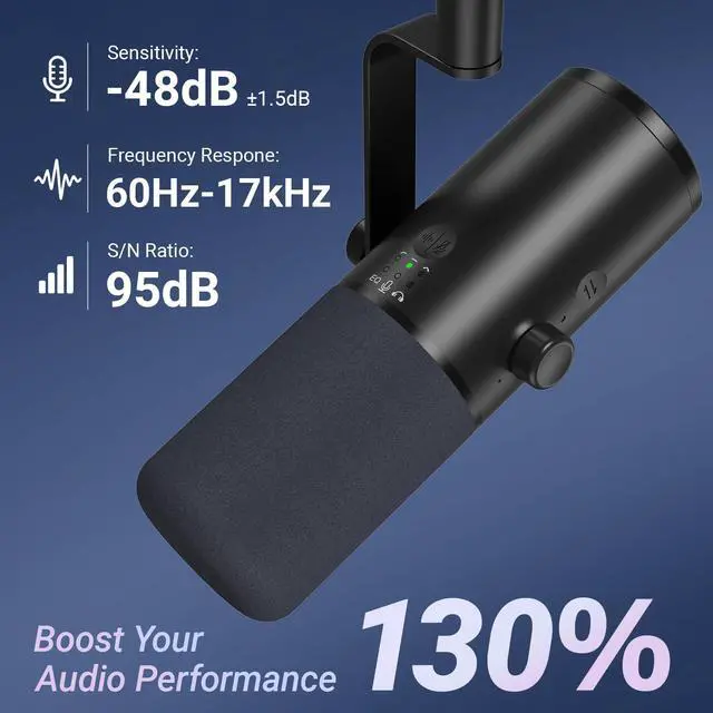Alt view image 2 of 7 - Dynamic Podcast Microphone for Content Creators, Cardioid XLR/USB Mic, AI Noise Cancellation, Tap Mute, 3.5mm Jack for Monitoring, Volume Control, Microfono with Boom Arm, Black, TD510 AIR H+
